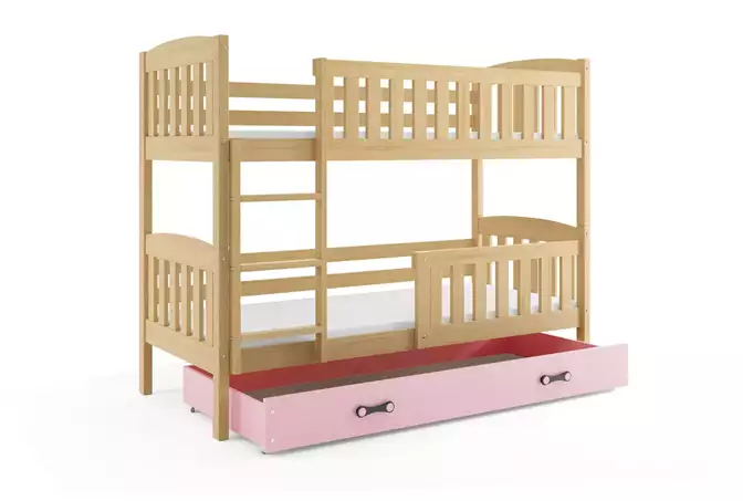 KUBUŚ jaunimo dviaukštė lova 90x190 su čiužiniu ir stalčiumi, pušis/rožinė - Paveikslėlis 4