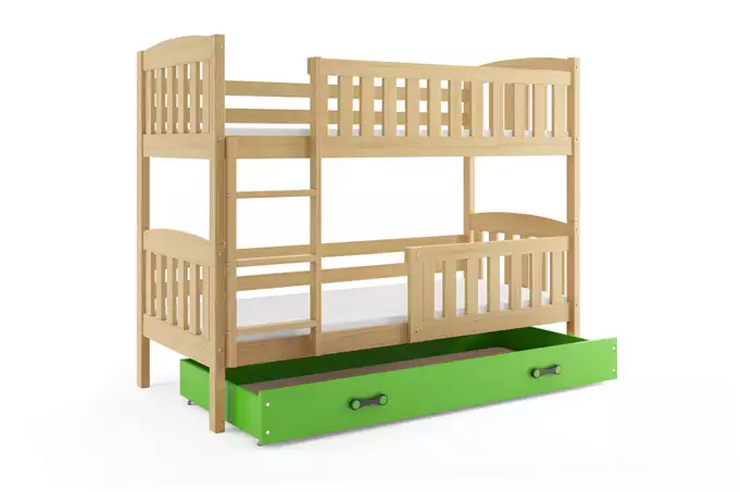 KUBUŚ jaunimo dviaukštė lova 90x190 su čiužiniu ir stalčiumi, pušis/žalia - Paveikslėlis 4