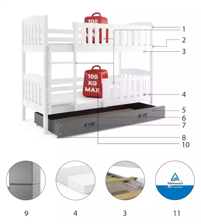 KUBUŚ jaunimo dviaukštė lova 90x200 su čiužiniu ir stalčiumi, balta/grafito spalvos - Paveikslėlis 6