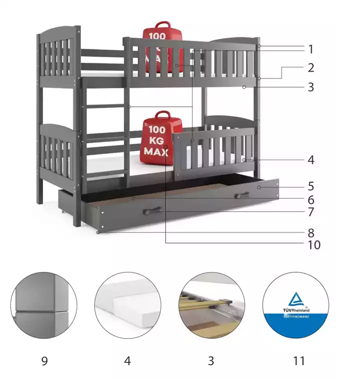 KUBUŚ jaunimo dviaukštė lova 90x200 su čiužiniu ir stalčiumi, grafito spalvos - Paveikslėlis 6