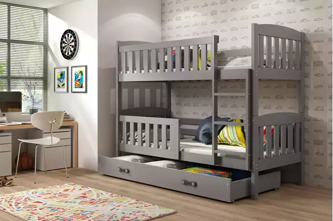 KUBUŚ jaunimo dviaukštė lova 90x200 su čiužiniu ir stalčiumi, grafito spalvos - Paveikslėlis 3