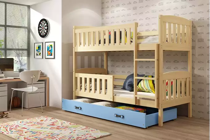 KUBUŚ jaunimo dviaukštė lova 90x200 su stalčiumi, pušis/mėlyna - Paveikslėlis 3