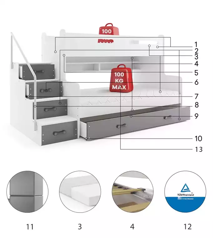 MAX 3 jaunimo dviaukštė lova 120x200 su čiužiniu ir stalčiumi, grafito spalvos — изображение 6