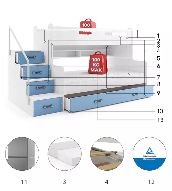 MAX 3 jaunimo dviaukštė lova 120x200 su čiužiniu ir stalčiumi, mėlyna — изображение 6