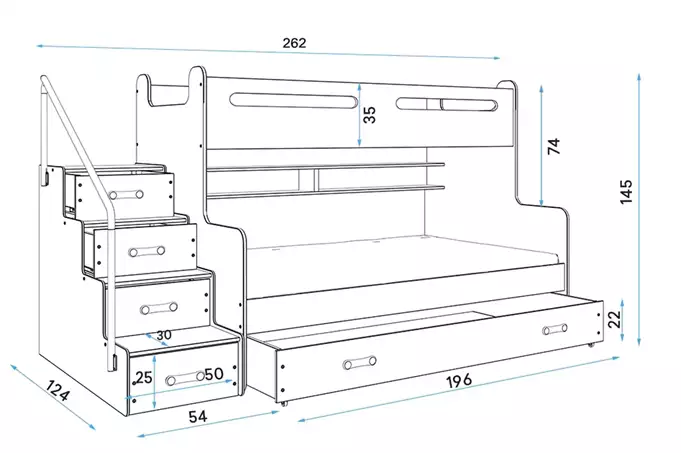 MAX 3 jaunimo dviaukštė lova 120x200 su čiužiniu ir stalčiumi, mėlyna — изображение 4