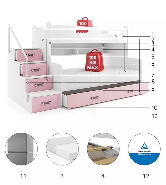 MAX 3 jaunimo dviaukštė lova 120x200 su čiužiniu ir stalčiumi, rožinė — изображение 6