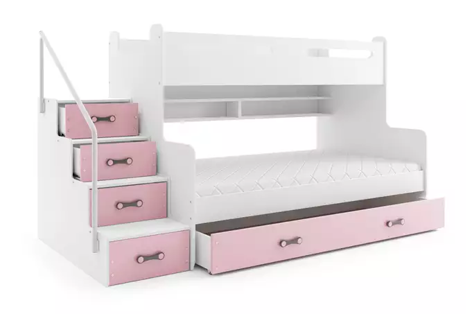 MAX 3 jaunimo dviaukštė lova 120x200 su čiužiniu ir stalčiumi, rožinė — изображение 2