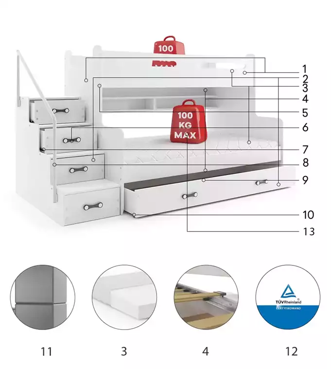 MAX 3 jaunimo dviaukštė lova 120x200 su stalčiumi, balta — изображение 6