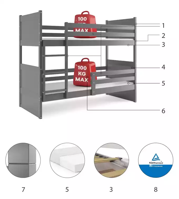 RICO jaunimo dviaukštė lova 90x190 su čiužiniu, grafito spalvos - Paveikslėlis 6