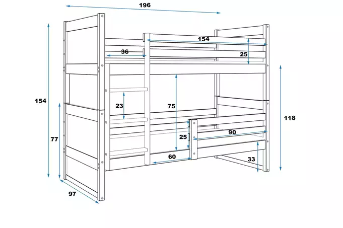 RICO jaunimo dviaukštė lova 90x190 su čiužiniu, grafito spalvos - Paveikslėlis 4