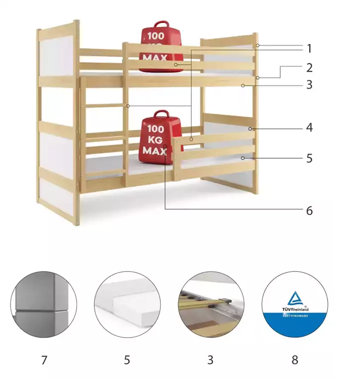 RICO jaunimo dviaukštė lova 90x200 su čiužiniu, pušis/balta - Paveikslėlis 6