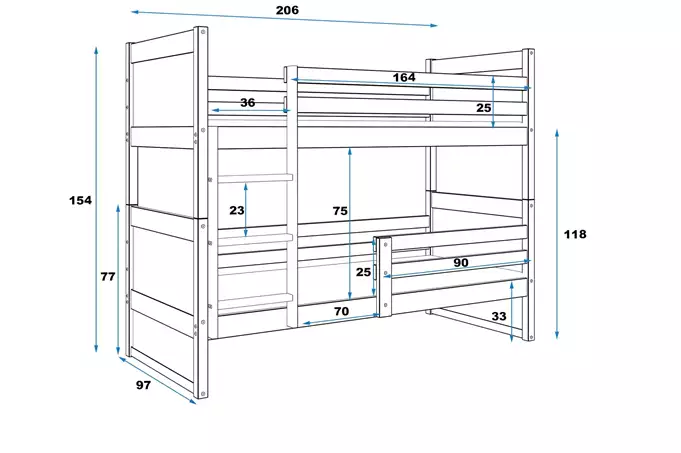 RICO jaunimo dviaukštė lova 90x200 su čiužiniu, pušis/balta - Paveikslėlis 3