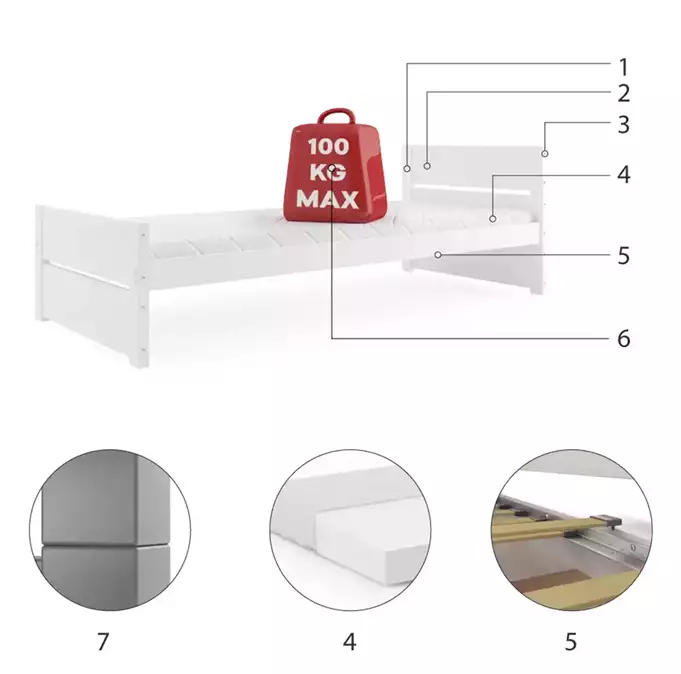 BARTEK viengulė jaunimo lova 90x200 su čiužiniu, balta - Paveikslėlis 6
