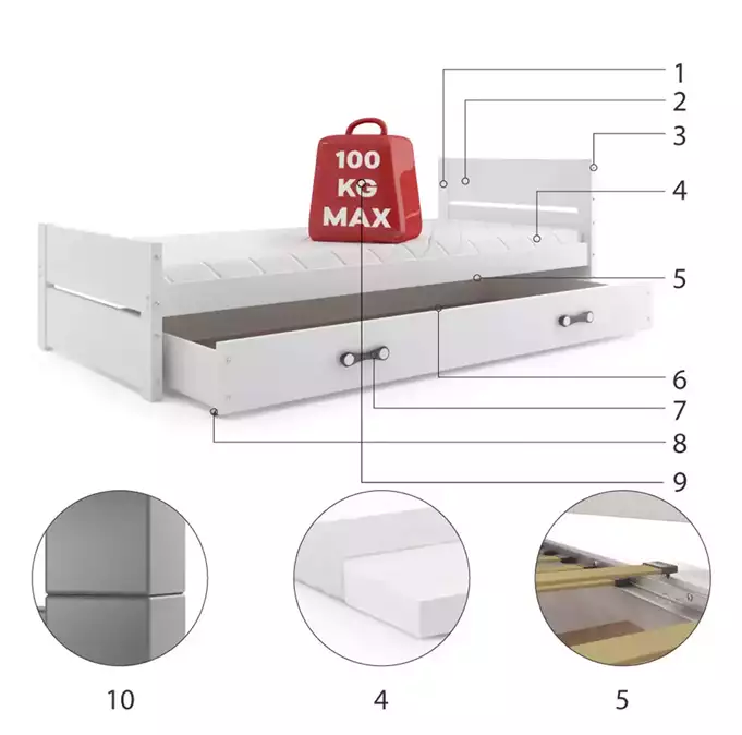 BARTEK viengulė jaunimo lova 90x200 su čiužiniu ir stalčiumi, balta - Paveikslėlis 6