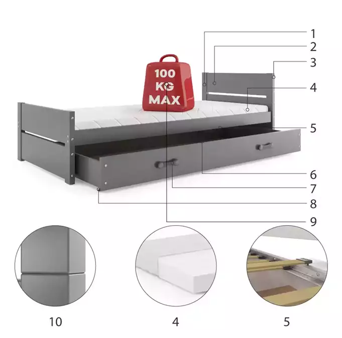 BARTEK viengulė jaunimo lova 90x200 su čiužiniu ir stalčiumi, grafito spalvos - Paveikslėlis 6