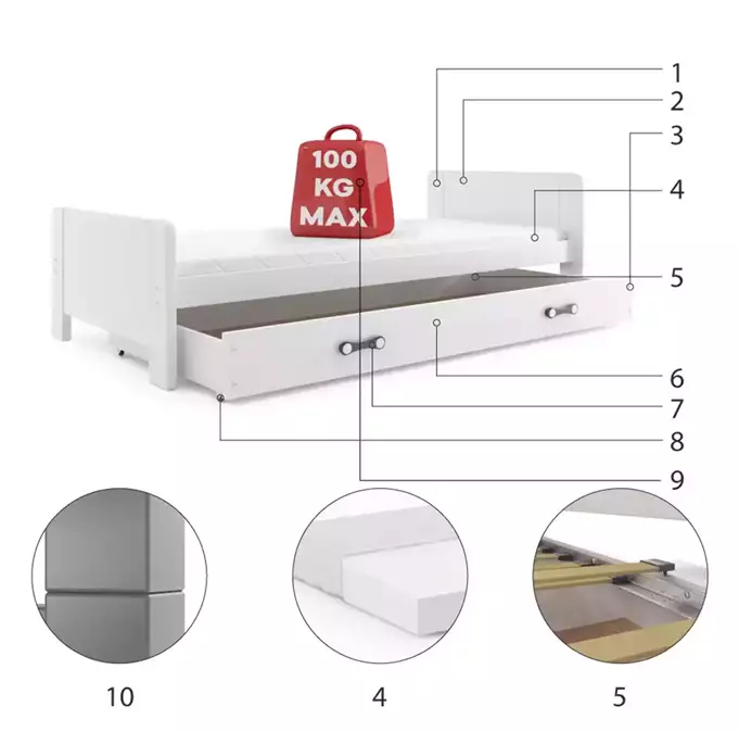 DAREK 80X200 jaunimo viengulė lova su čiužiniu ir stalčiumi, balta - Paveikslėlis 6