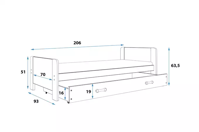 DAREK 80X200 jaunimo viengulė lova su čiužiniu ir stalčiumi, balta - Paveikslėlis 3