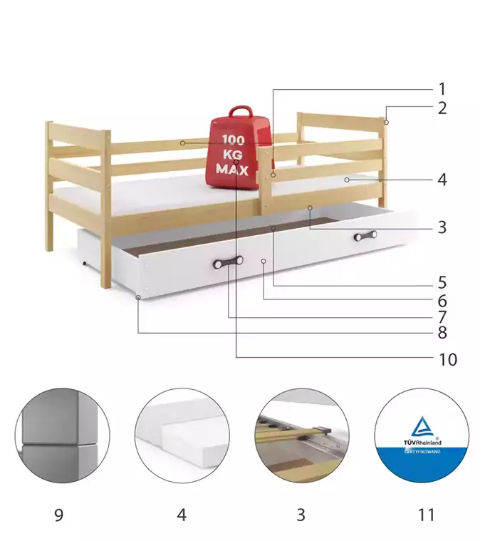 ERYK viengulė jaunimo lova 80x190 su stalčiumi, pušis/balta — изображение 6