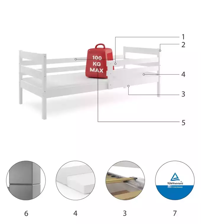 ERYK viengulė jaunimo lova 90x200 su čiužiniu, balta - Paveikslėlis 6