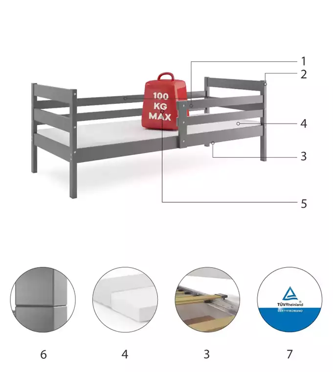 ERYK 90X200 viengulė jaunimo lova su čiužiniu, grafito spalvos - Paveikslėlis 6