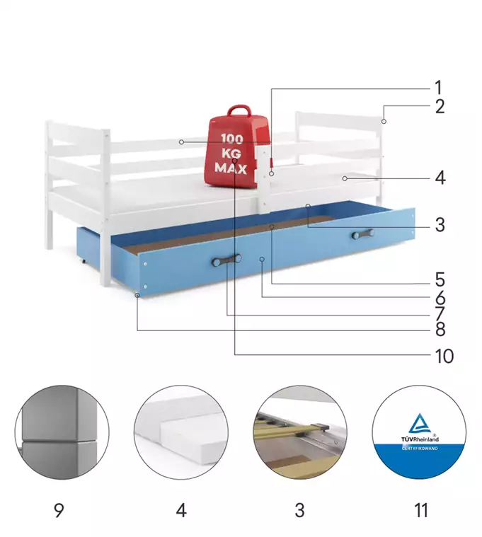 ERYK viengulė jaunimo lova 90x200 su čiužiniu ir stalčiumi, balta/mėlyna - Paveikslėlis 6