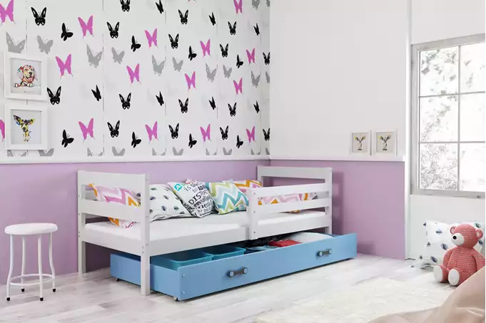 ERYK viengulė jaunimo lova 90x200 su čiužiniu ir stalčiumi, balta/mėlyna - Paveikslėlis 4