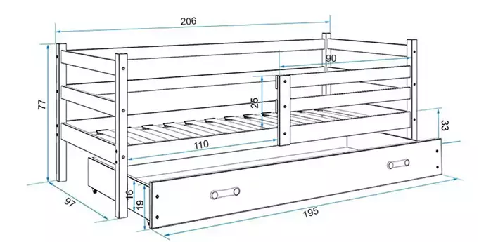 ERYK viengulė jaunimo lova 90x200 su čiužiniu ir stalčiumi, balta/mėlyna - Paveikslėlis 3