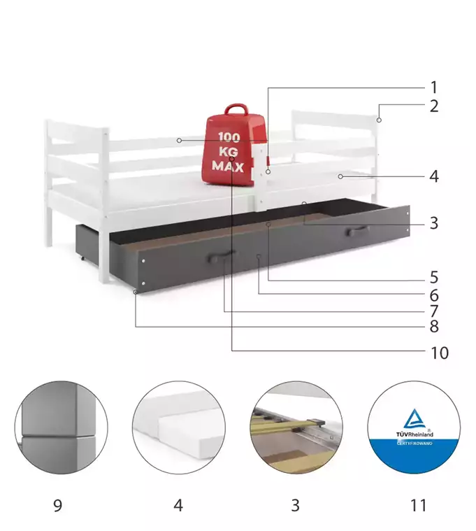 ERYK 90x200 viengulė jaunimo lova su stalčiumi, balta/grafito spalvos — изображение 6