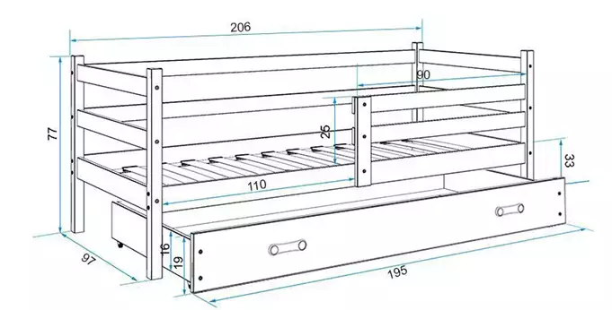 ERYK 90x200 viengulė lova su stalčiumi, pušis/grafitas - Paveikslėlis 5