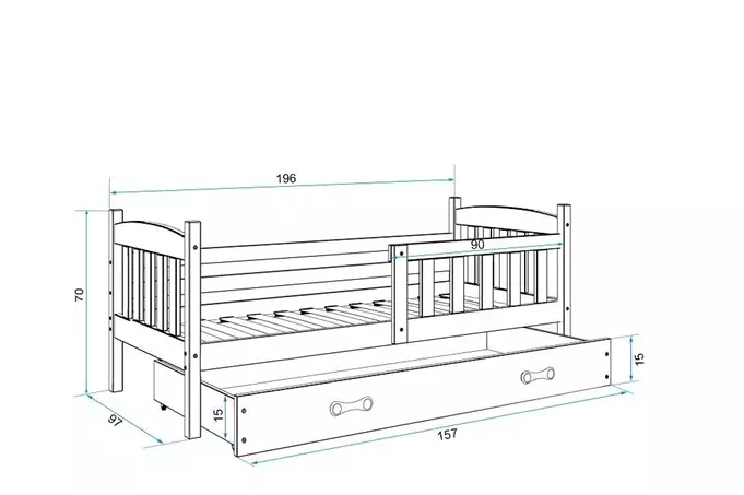 KUBUŚ viengulė jaunimo lova 90x190 su stalčiumi, pušis/grafitas - Paveikslėlis 5