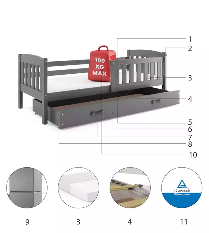 KUBUŚ viengulė jaunimo lova 90x200 su stalčiumi, grafito spalvos - Paveikslėlis 6