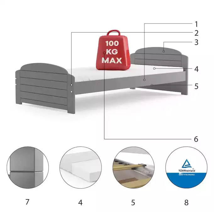 LILI viengulė jaunimo lova 90X200, grafito spalvos — изображение 3