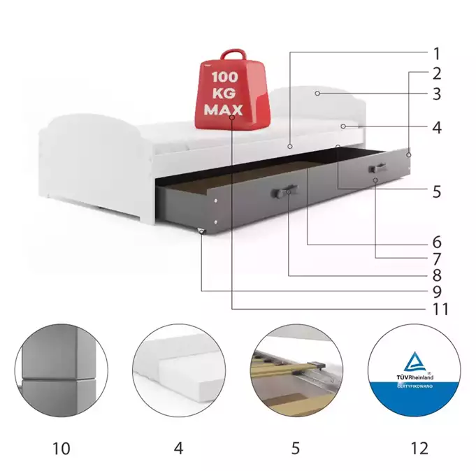 LILI viengulė jaunimo lova 90x200 su čiužiniu ir stalčiumi, balta/grafito spalvos — изображение 6