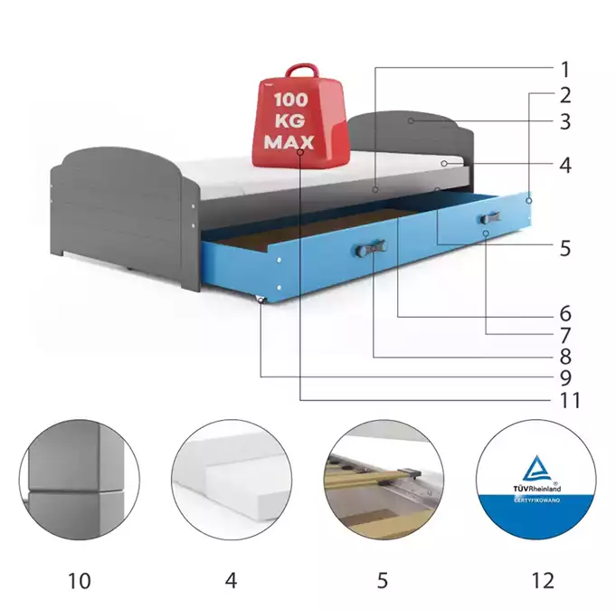 LILI viengulė jaunimo lova 90x200 su čiužiniu ir stalčiumi, grafito/mėlyna — изображение 6