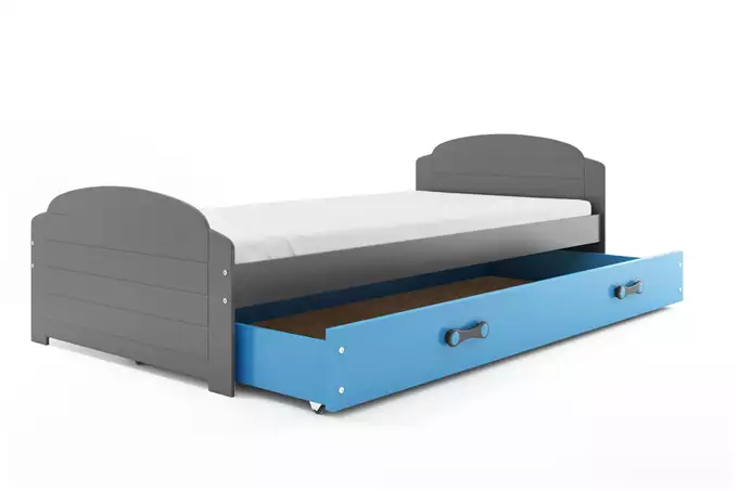 LILI viengulė jaunimo lova 90x200 su čiužiniu ir stalčiumi, grafito/mėlyna — изображение 4