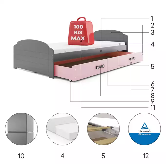 LILI viengulė jaunimo lova 90x200 su čiužiniu ir stalčiumi, grafito spalvos/rožinė — изображение 6