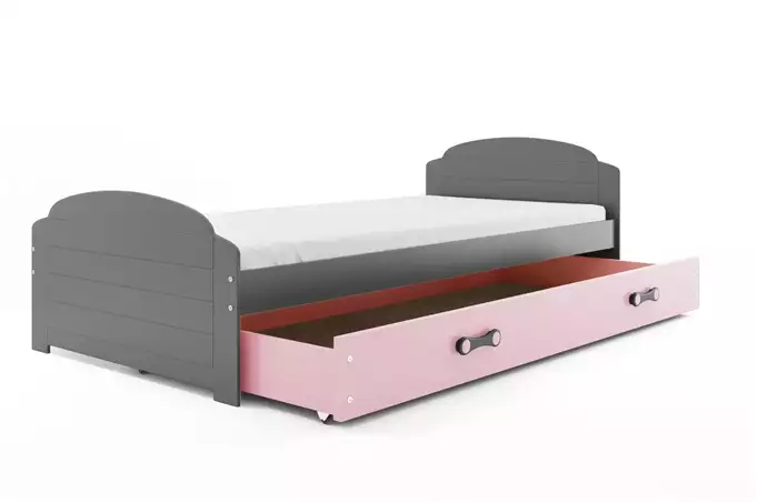 LILI viengulė jaunimo lova 90x200 su čiužiniu ir stalčiumi, grafito spalvos/rožinė — изображение 3