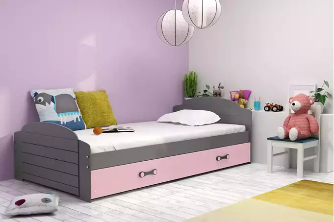 LILI viengulė jaunimo lova 90x200 su čiužiniu ir stalčiumi, grafito spalvos/rožinė — изображение 4