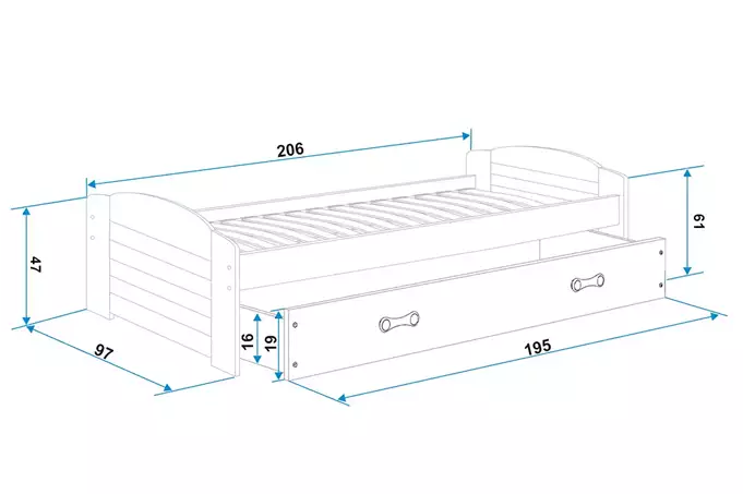 LILI viengulė jaunimo lova 90x200 su čiužiniu ir stalčiumi, grafito spalvos/rožinė — изображение 5