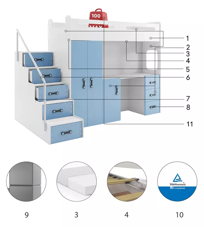 MAX 4 viengulė lova jaunimui 80x200 su stalu, mėlyna