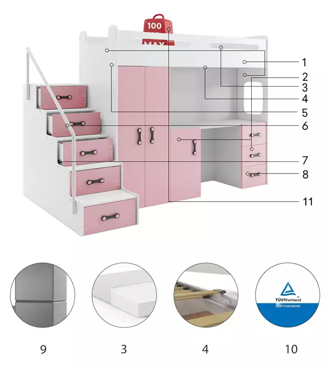 MAX 4 viengulė jaunimo lova 80x200 su stalu, rožinė