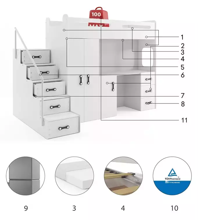 MAX 4 viengulė jaunimo lova 80x200 su čiužiniu ir stalu, balta