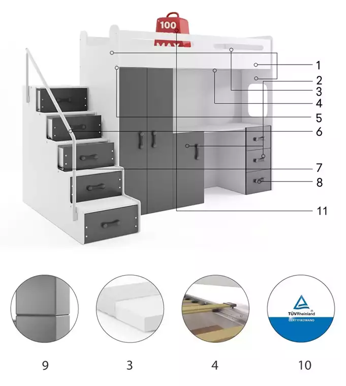 MAX 4 viengulė jaunimo lova 80X200 su čiužiniu ir stalu, grafito spalvos
