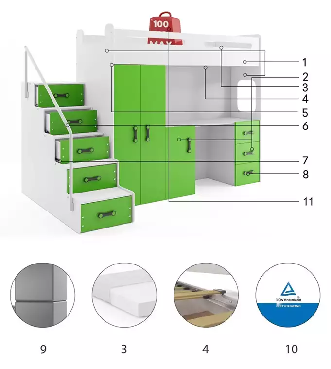 MAX 4 viengulė jaunimo lova 80x200 su čiužiniu ir stalu, žalia