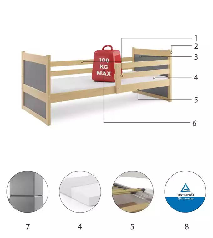 RICO viengulė jaunimo lova 80x190 su čiužiniu, pušis/grafitas - Paveikslėlis 6