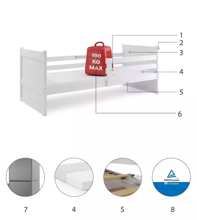 RICO viengulė lova jaunimui 90x190, balta - Paveikslėlis 6