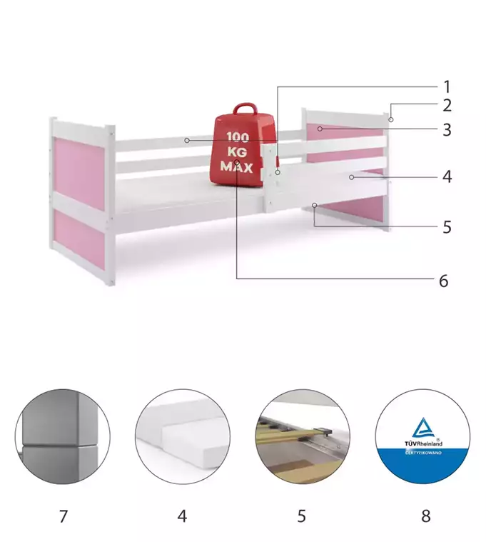 RICO viengulė lova jaunimui 90x190, balta/rožinė - Paveikslėlis 6