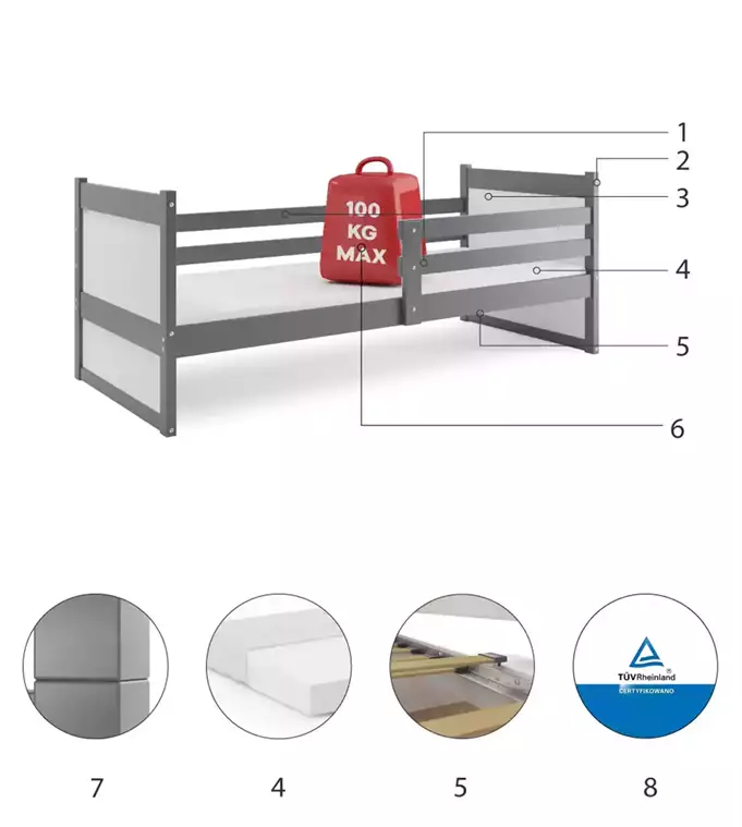 RICO viengulė jaunimo lova 90x190, grafito spalvos/balta - Paveikslėlis 6