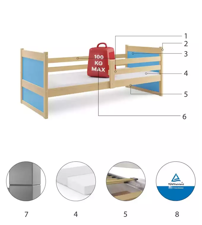 RICO viengulė jaunimo lova 90x190, pušis/mėlyna - Paveikslėlis 6
