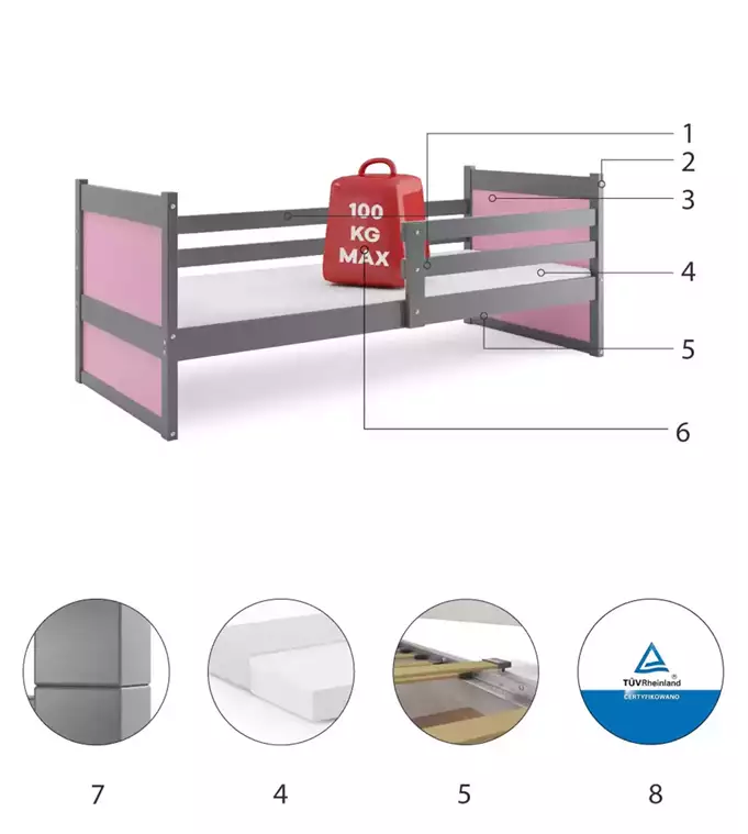 RICO viengulė jaunimo lova 90x190 su čiužiniu, grafito spalvos/rožinė - Paveikslėlis 6